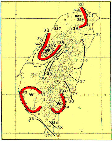 台灣7~9月份出現極端最高溫之地區