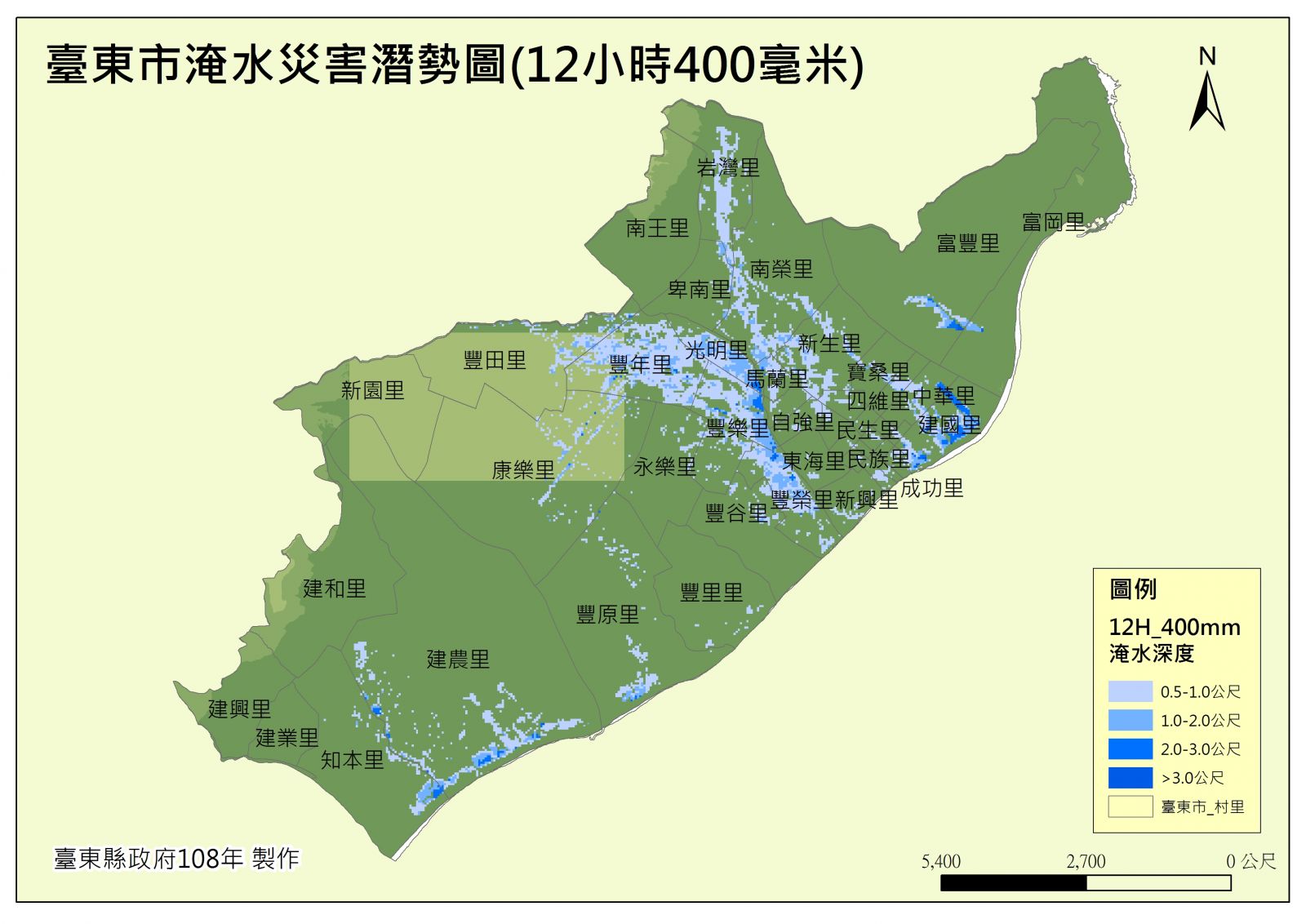 臺東市淹水災害潛勢圖(12小時400毫米)的圖片