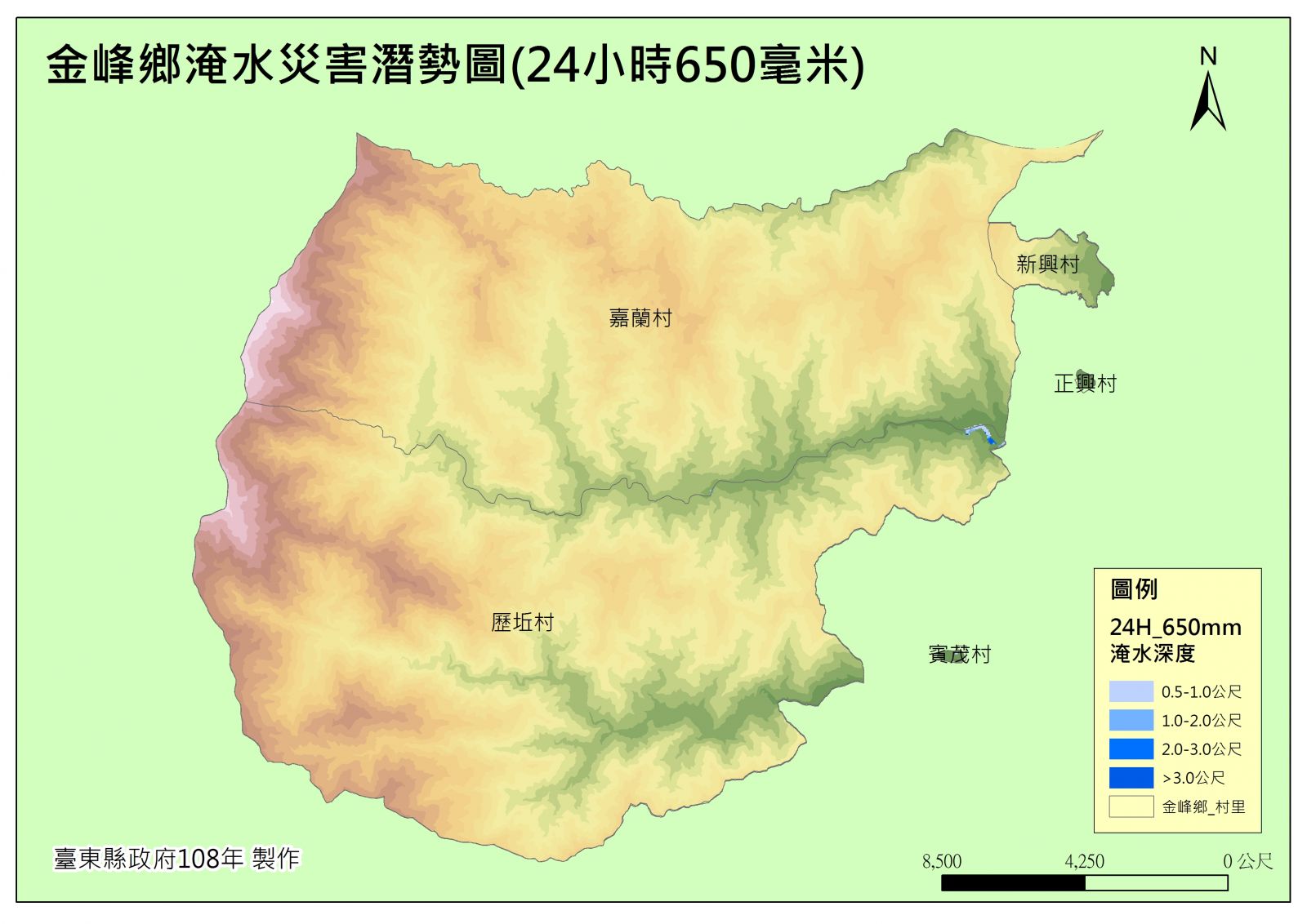 金峰鄉淹水災害潛勢圖(24小時650毫米)的圖片
